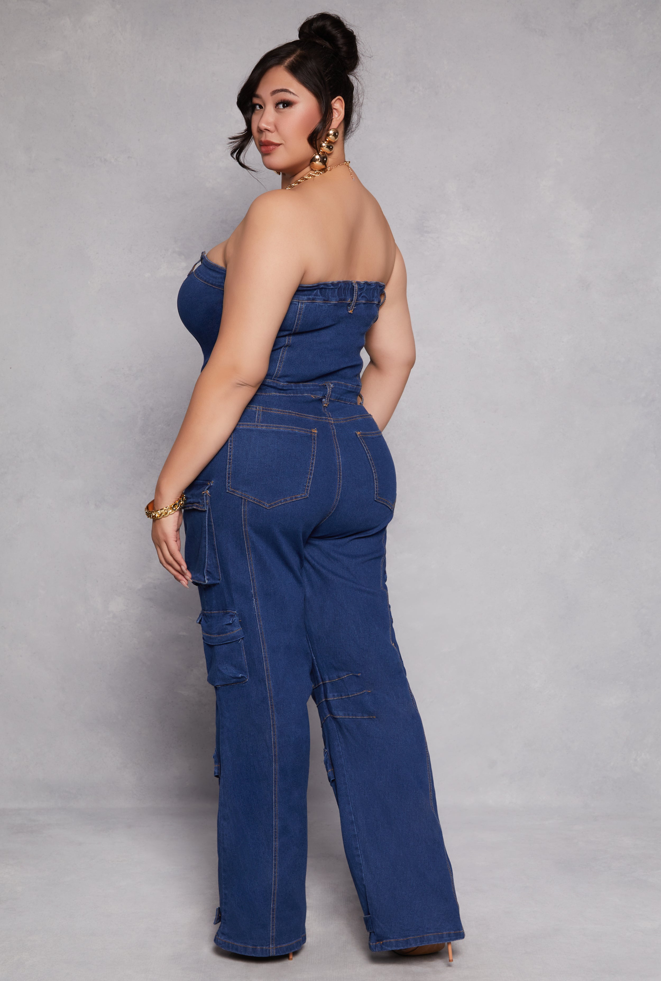 Plus Size Daisy Denim Strapless Utility Jumpsuit、mySite、camillekostekn