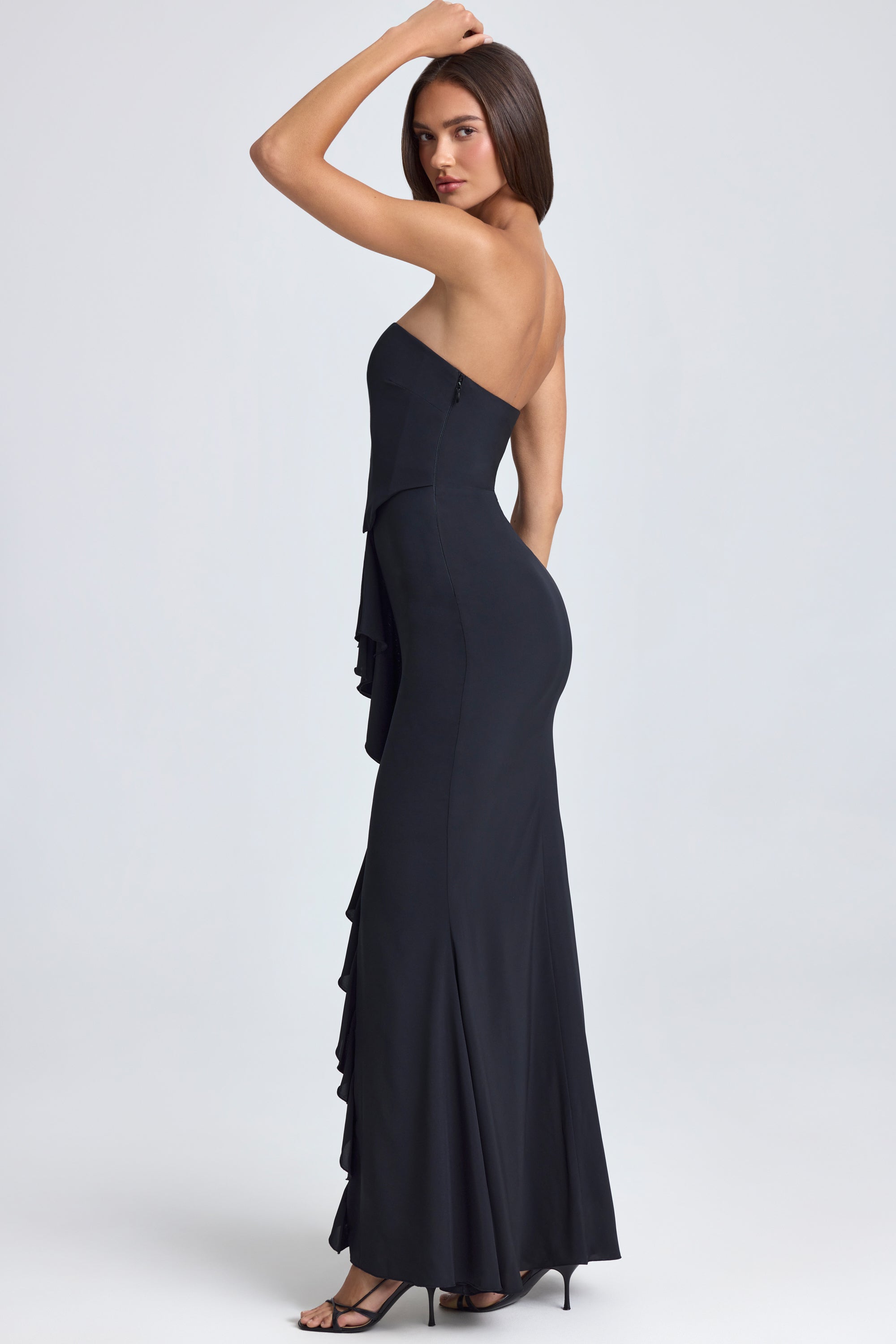 Bandeau Ruffle-Trim Corset Gown in Black、mySite、solidvoid