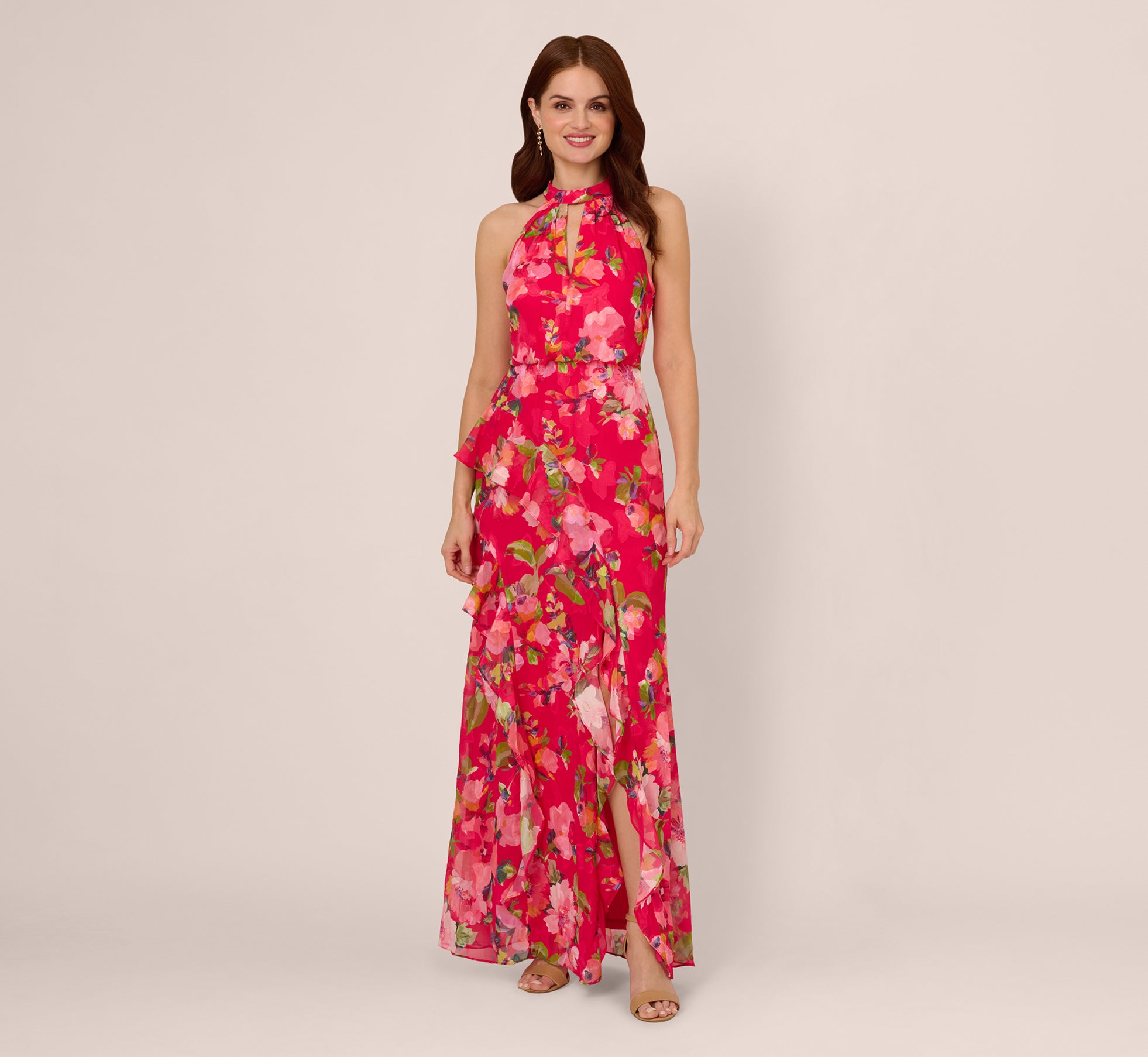Floral Chiffon Keyhole Halter Maxi Dress In Pink Multi、mySite、solidvoid