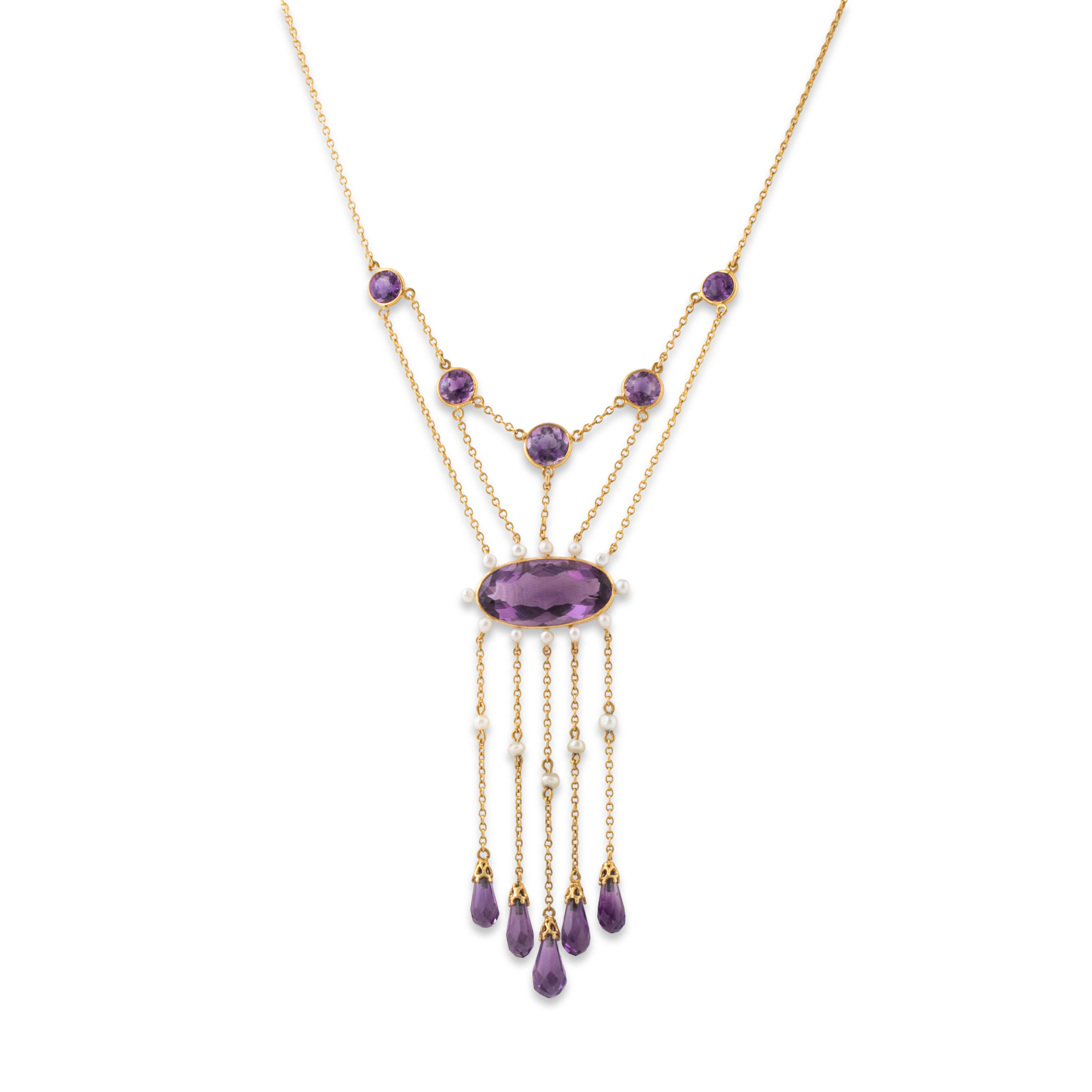 Antique 14k Gold 19.41cttw Amethyst Pearl Royal Purple Cascade Statement Necklace 15.5、mySite、hinf8tx79