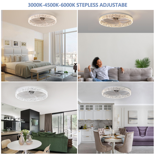 Modern Acrylic Ceiling Fan Light with Remote Control, Dimmable LED Chandelier, 6-Speed Adjustable, Quiet Motor, Flush Mount Design for Living Room, Bedroom, Dining Room、、eastwooduniform
