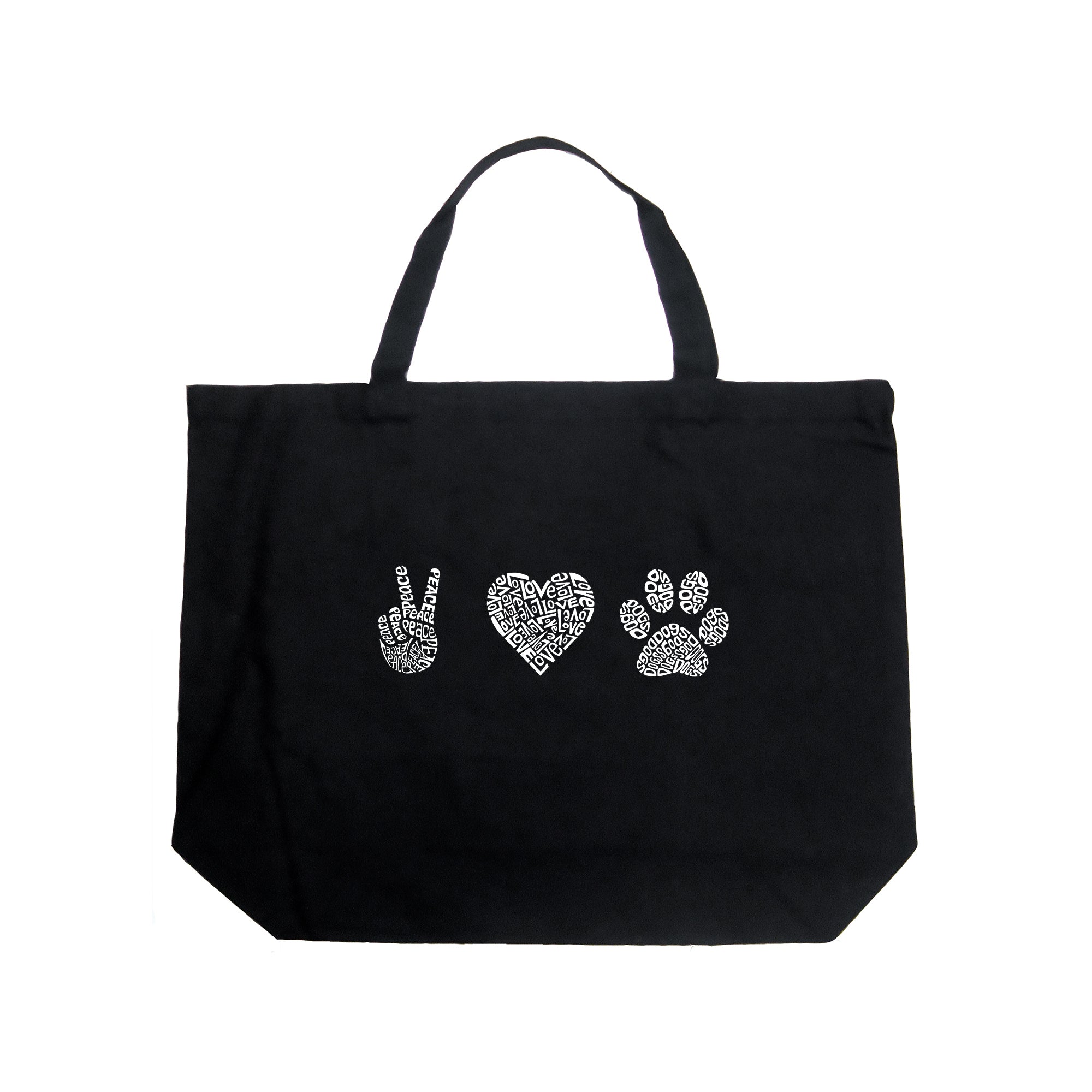 Peace Love Dogs - Large Word Art Tote Bag、mySite、camillekostekn