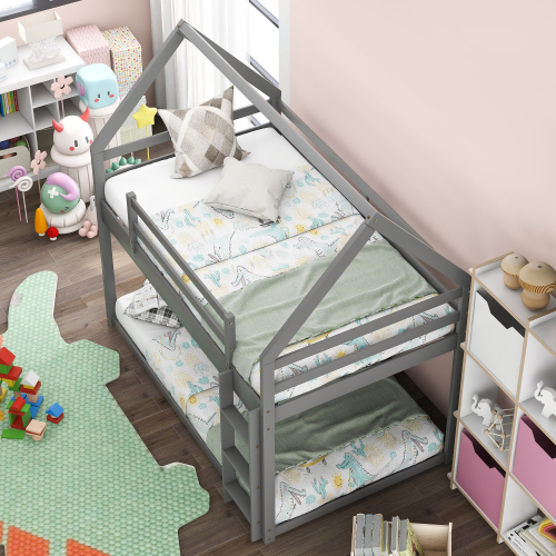 Twin Size Bunk House Bed with Slide and Ladder,Gray、、casual