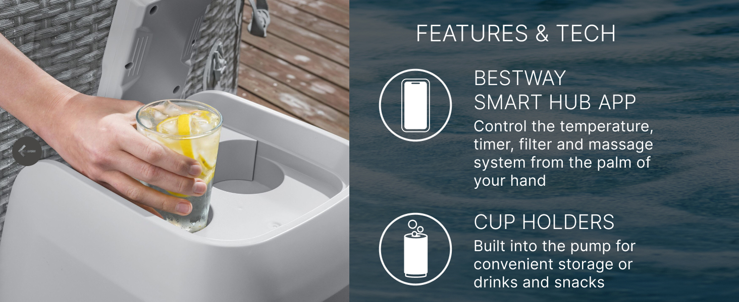 Features &amp; Tech: Smart Hub App with image of a hand placing a glass of lemon water in cup holder.