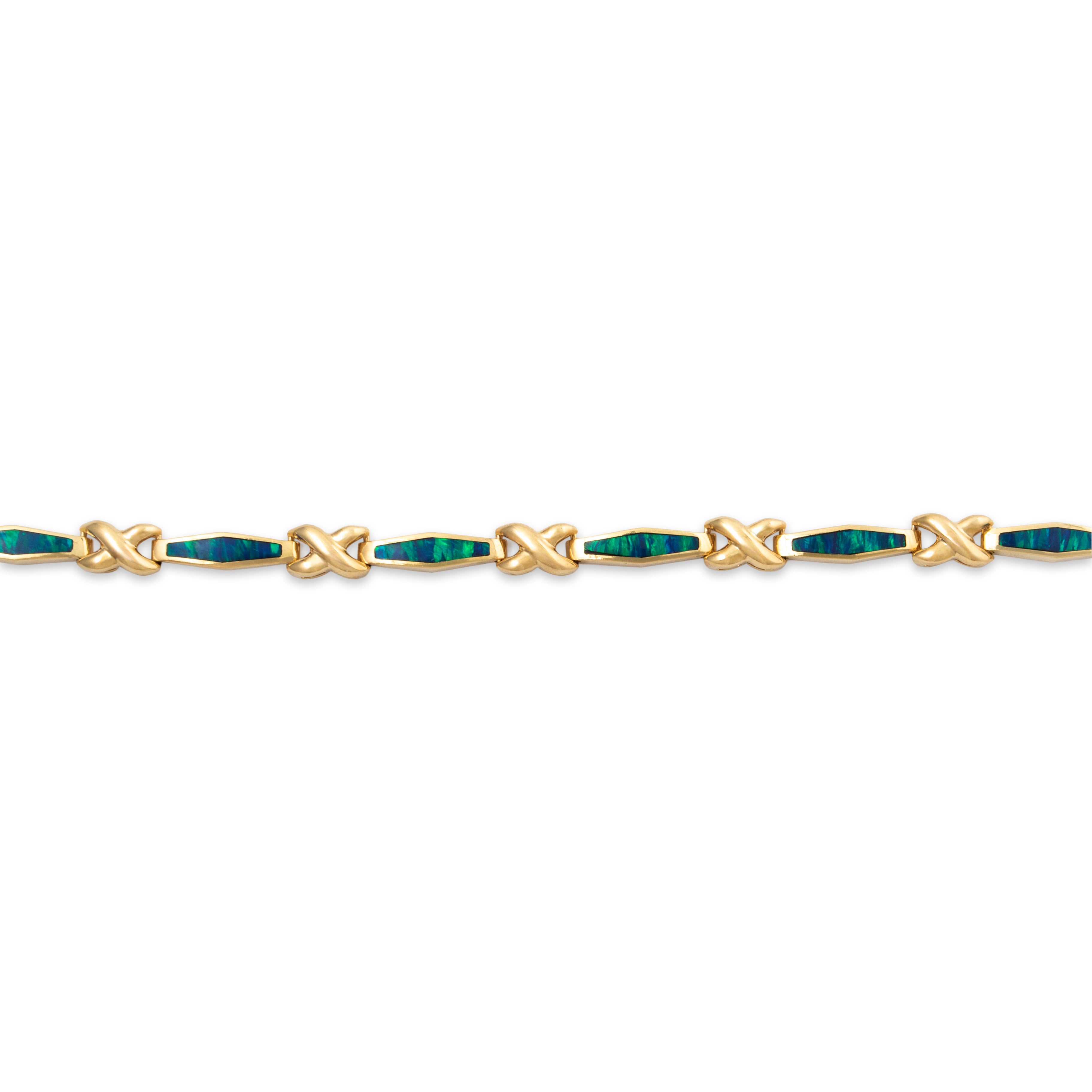 Vintage 14k Yellow Gold Blue Simulation Opal Criss-Cross Link Bracelet 7、mySite、hinf8tx79