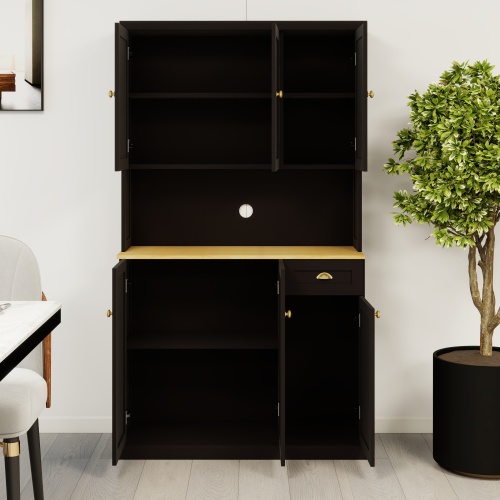 71" Kitchen Pantry Storage Cabinet with Microwave Oven Countertop, Freestanding Hutch Cabinet with Adjustable Shelves, 6 Doors and 1 Drawer-White、、casual