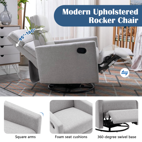 Modern Upholstered Rocker Nursery Chair Plush Seating Glider Swivel Recliner Chair, Gray、、casual