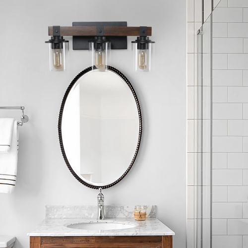 50" Rustic 7-Light Vanity Light, Industrial Bathroom Wall Sconce with Glass Shades and Wood Accent, Modern Farmhouse Lighting Fixture (No Bulbs)、、eastwooduniform