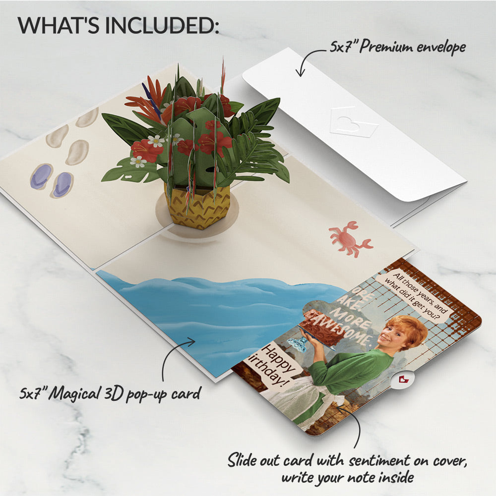 Tropical Flower Basket Birthday Pop-Up Card and More Cake More Awesome Sentiment Set、mySite、solidvoid