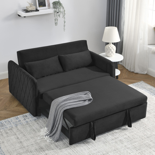 55" Modern Convertible Sofa Bed with 2 Detachable Arm Pockets, Velvet Loveseat Sofa with Pull Out Bed, 2 Pillows and Living Room Adjustable Backrest, Grid Design Armrests、、casual