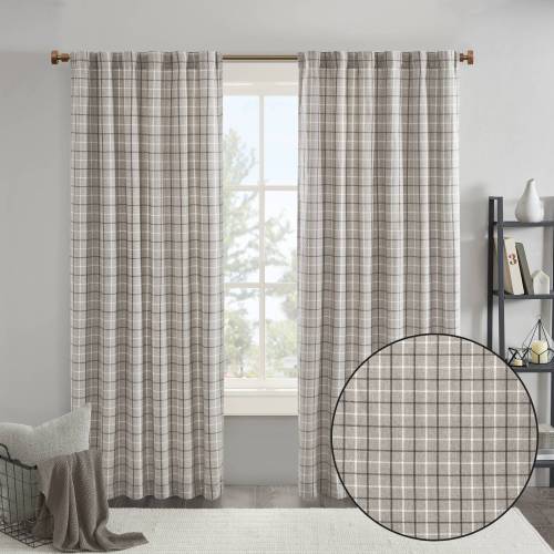 Plaid Rod Pocket and Back Tab Curtain Panel with Fleece Lining Brown 50x84"、、eastwooduniform