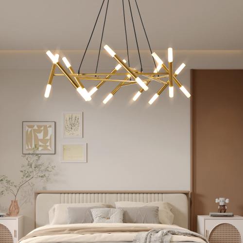 41" White & Golden Modern Chandelier Light Fixture, Branch Design with Frosted Tubes, Black Cords, Adjustable Height Pendant Light for Dining Room, Living Room, or Kitchen Island (Bulb Not Included)、、eastwooduniform