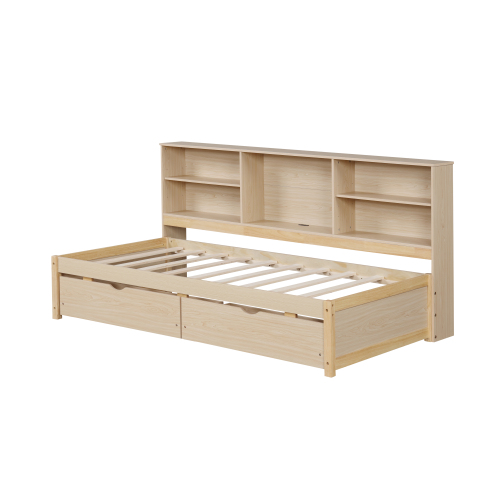 Twin Size Bed Frame With Side Bookshelves, Two Drawers, And Built-in USB Port For Natural Color、、xpatfood