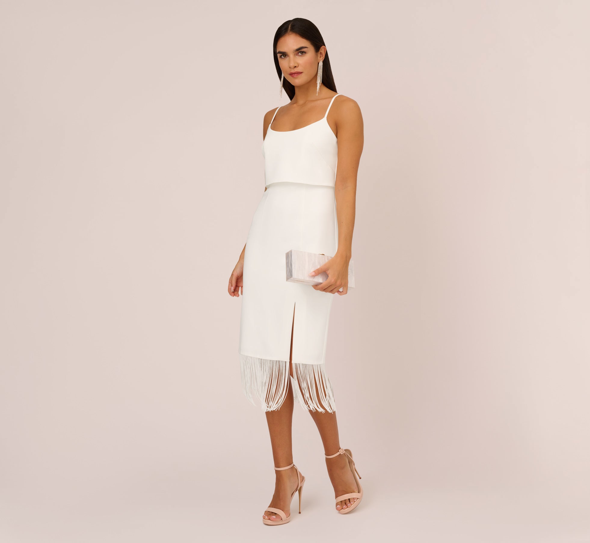 Crepe Popover Midi Dress With Fringe Trim In Ivory、mySite、solidvoid