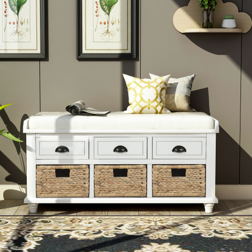 TREXM Rustic Storage Bench with 3 Drawers and 3 Rattan Baskets, Shoe Bench for Living Room, Entryway (White Washed)、、casual