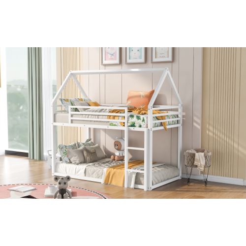 Twin over Twin House Bunk Bed with Ladder and Slide,White、、casual