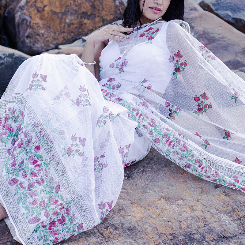 Kota Handblock Printed Saree | Bougainvillea | White & Red、mySite、camillekostekn