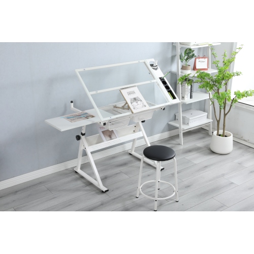 black adjustable tempered glass drafting printing table with chair、、casual