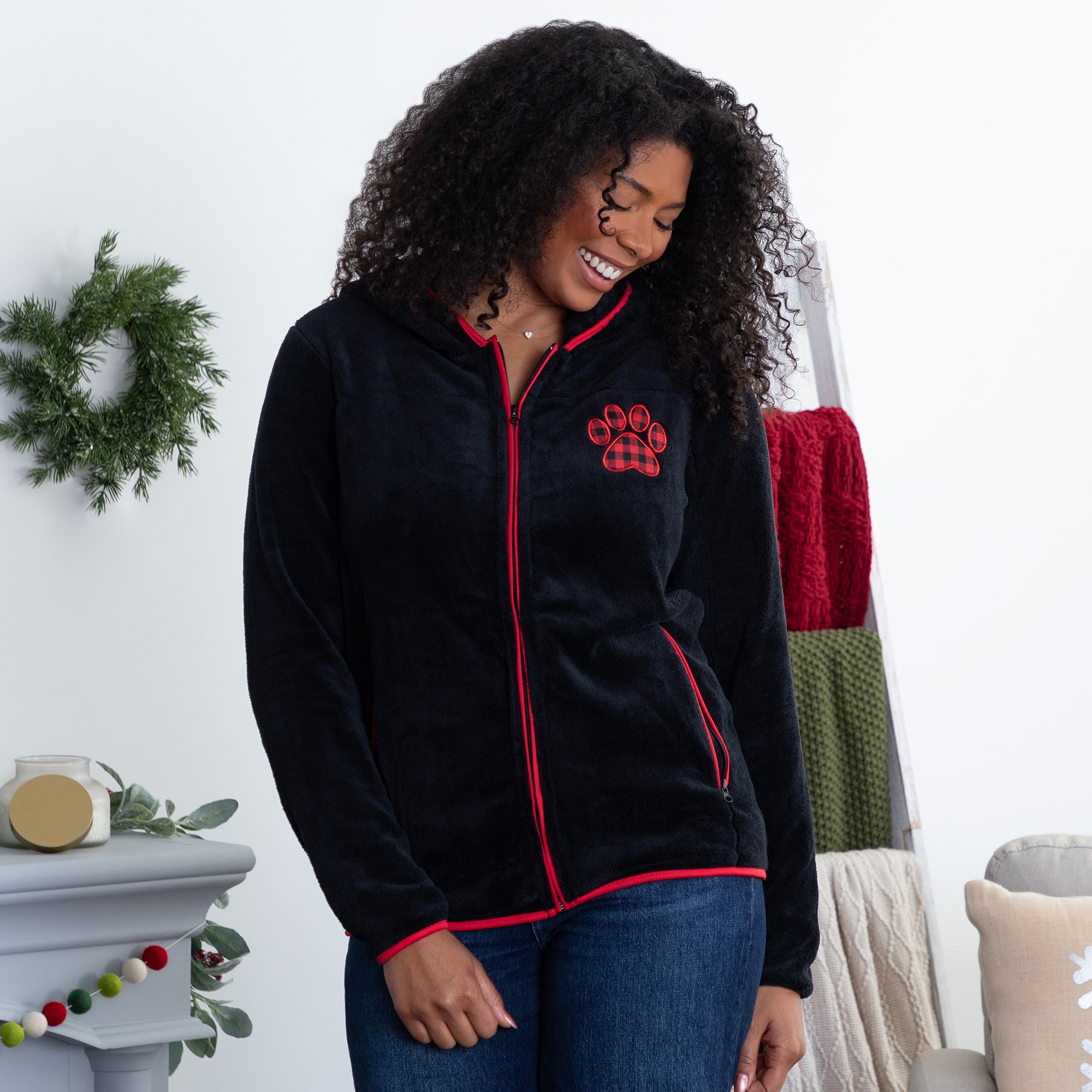 Buffalo Check Paw Print Plush Sherpa Hooded Jacket、mySite、camillekostekn