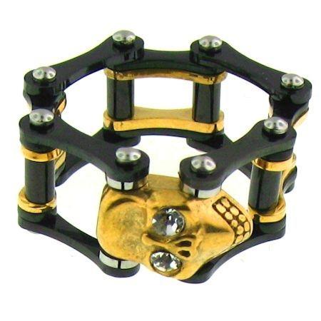 Clear CZ Eyed 18K Gold PVD Coated Skull Black Bike Chain Stainless Steel Ring / SCR3096、mySite、dreamappss