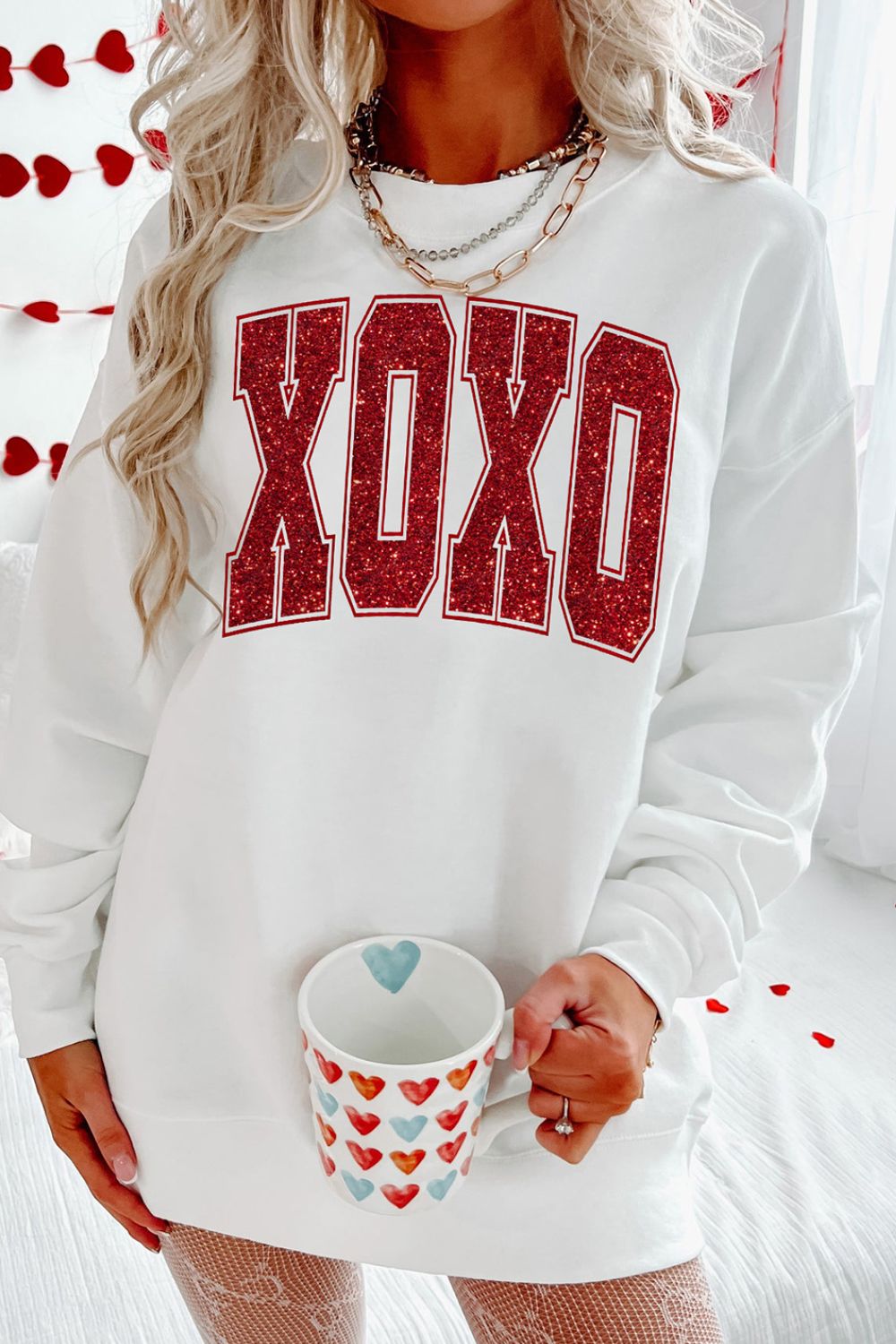  Valentine’s Day XOXO Glitter Round Neck Sweatshirt、mySite、justintrudeaud
