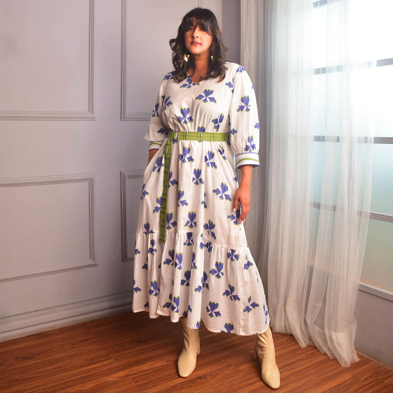 Cotton Long Dress For Women | Floral Block Print | White、mySite、camillekostekn