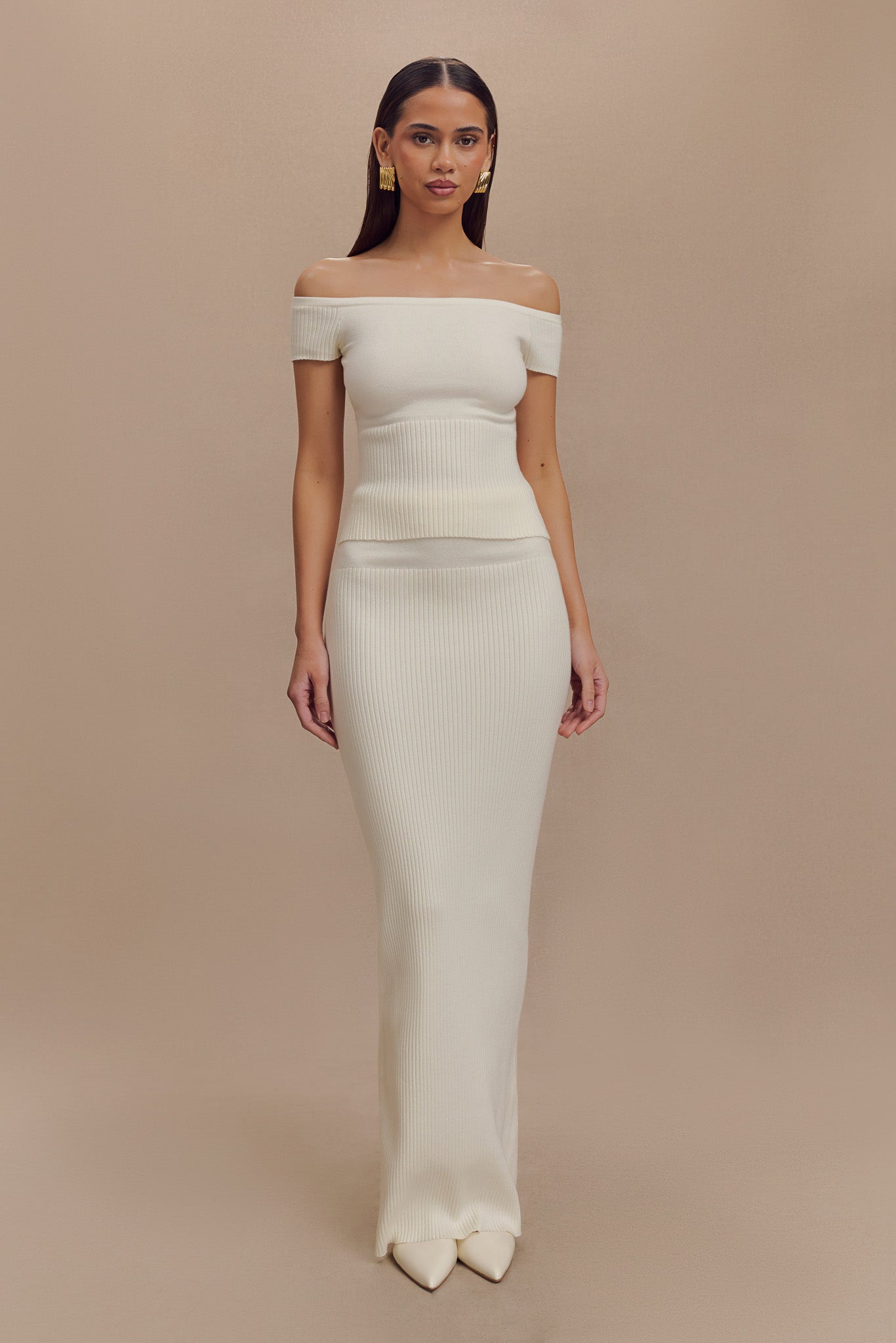 Mathilde Ribbed Knit Maxi Skirt - Ivory、mySite、solidvoid