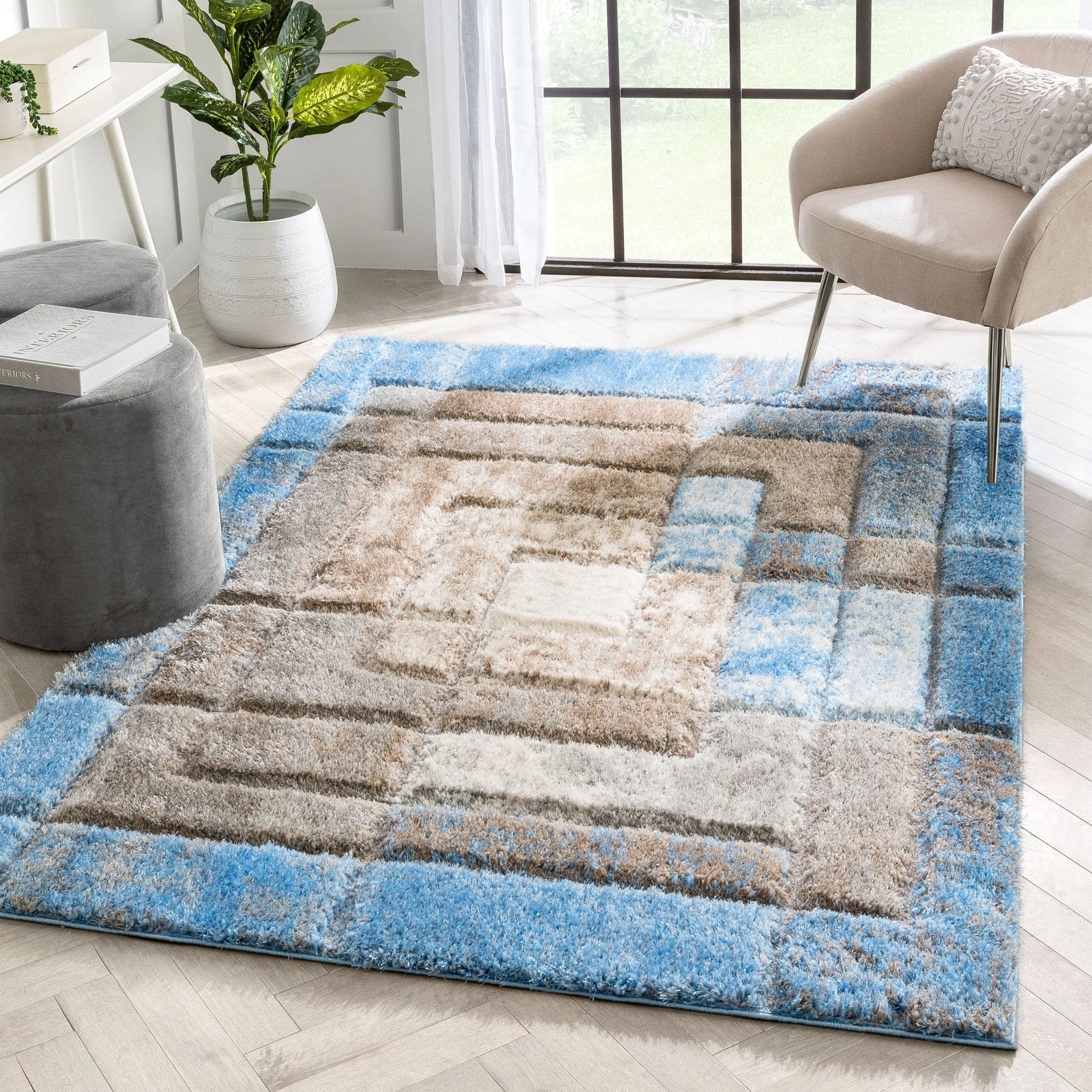 Kenzo Retro Geometric Pattern 3D Textured Shag Grey Light Blue Rug、mySite、gigharbornorthrealestate