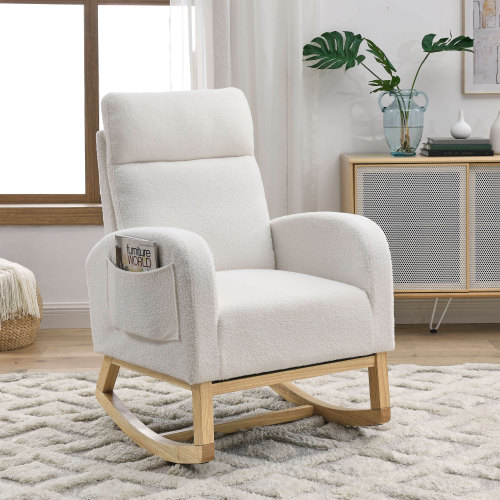 Video Welike 27.6"W Modern Accent High Backrest Living Room Lounge Arm Rocking Chair, Two Side Pocket ,Teddy White (Ivory)、、casual
