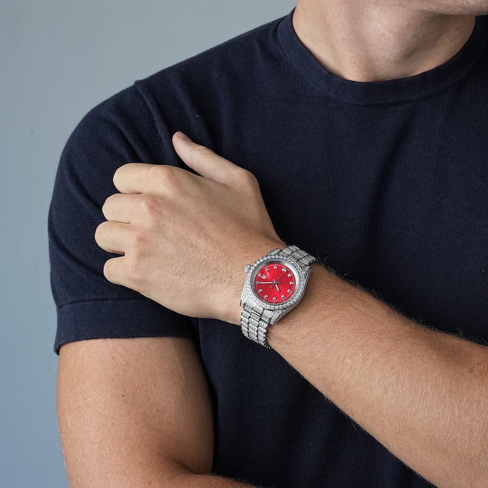 Moissanite Presidential Watch | Red Face | 41MM | 13.3CT Iced Out | 14K White Gold、mySite、hinf8tx79