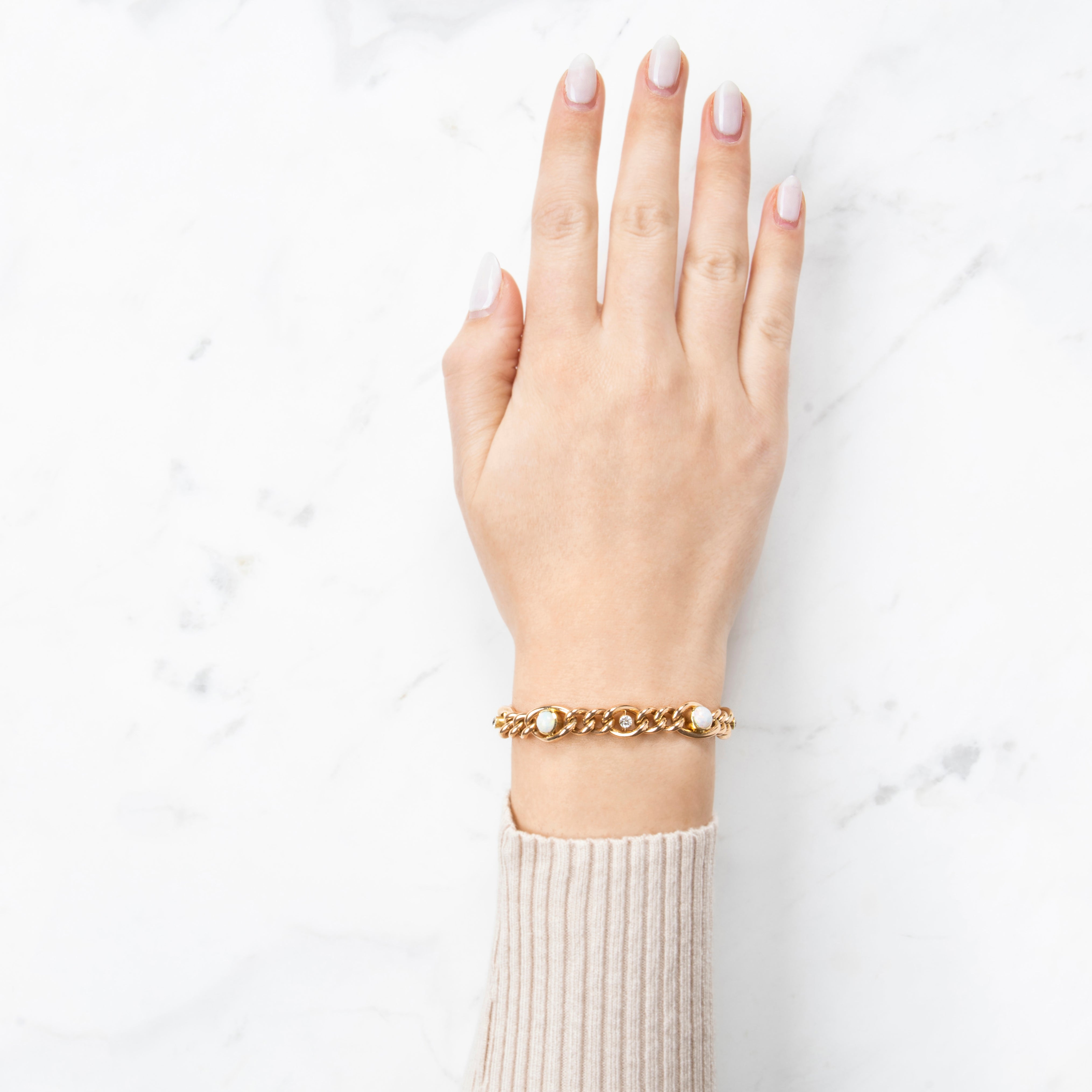 Antique European 15k Yellow Gold 2cttw Opal Old Mine Diamond Station Bracelet 6.75、mySite、hinf8tx79