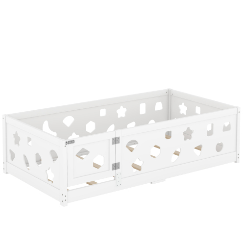 Twin Size Floor Bed with Heightened Safety Guardrails and Door, Solid Wood Bedframe with Rails for Girls, Boys, Teens, Child Bedroom, Kids Playroom, No Slats Included, White、、casual
