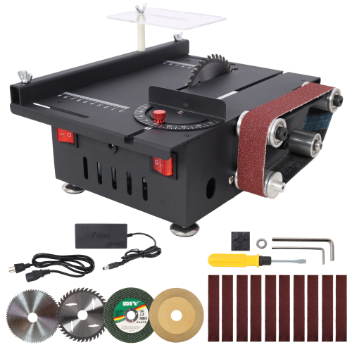 Mini Table Saw,Belt Sander, stainless steel top,4pcs Blades,10pcs Sanding Blet,7 Gear Adjustable 0-90° Angle, Available for Wood/PCB/Acrylic/Plastic,DIY Model Crafts Cutting Tool、、eastwooduniform