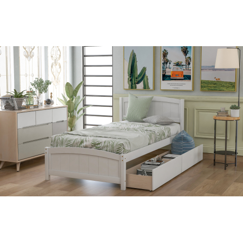 Twin size Platform Bed with Two Drawers, White、、casual