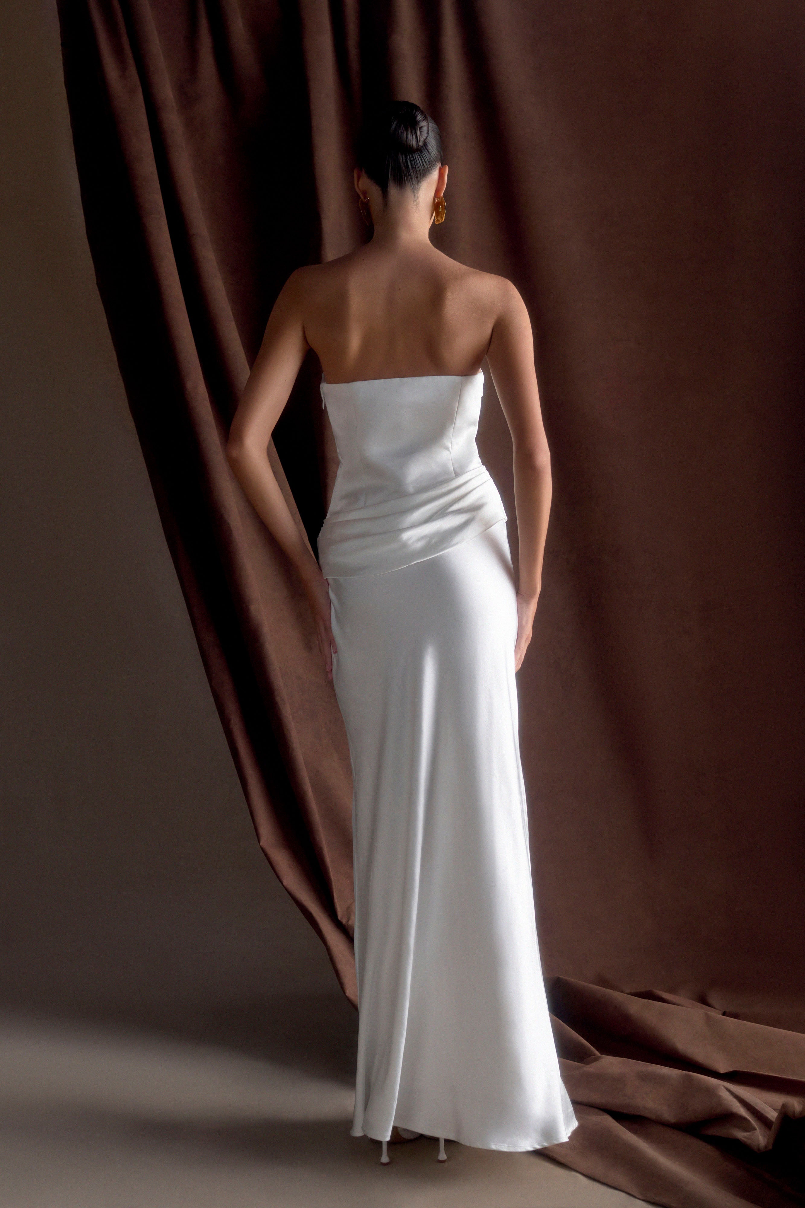 Jasmine Strapless Satin Maxi Dress - White、mySite、solidvoid