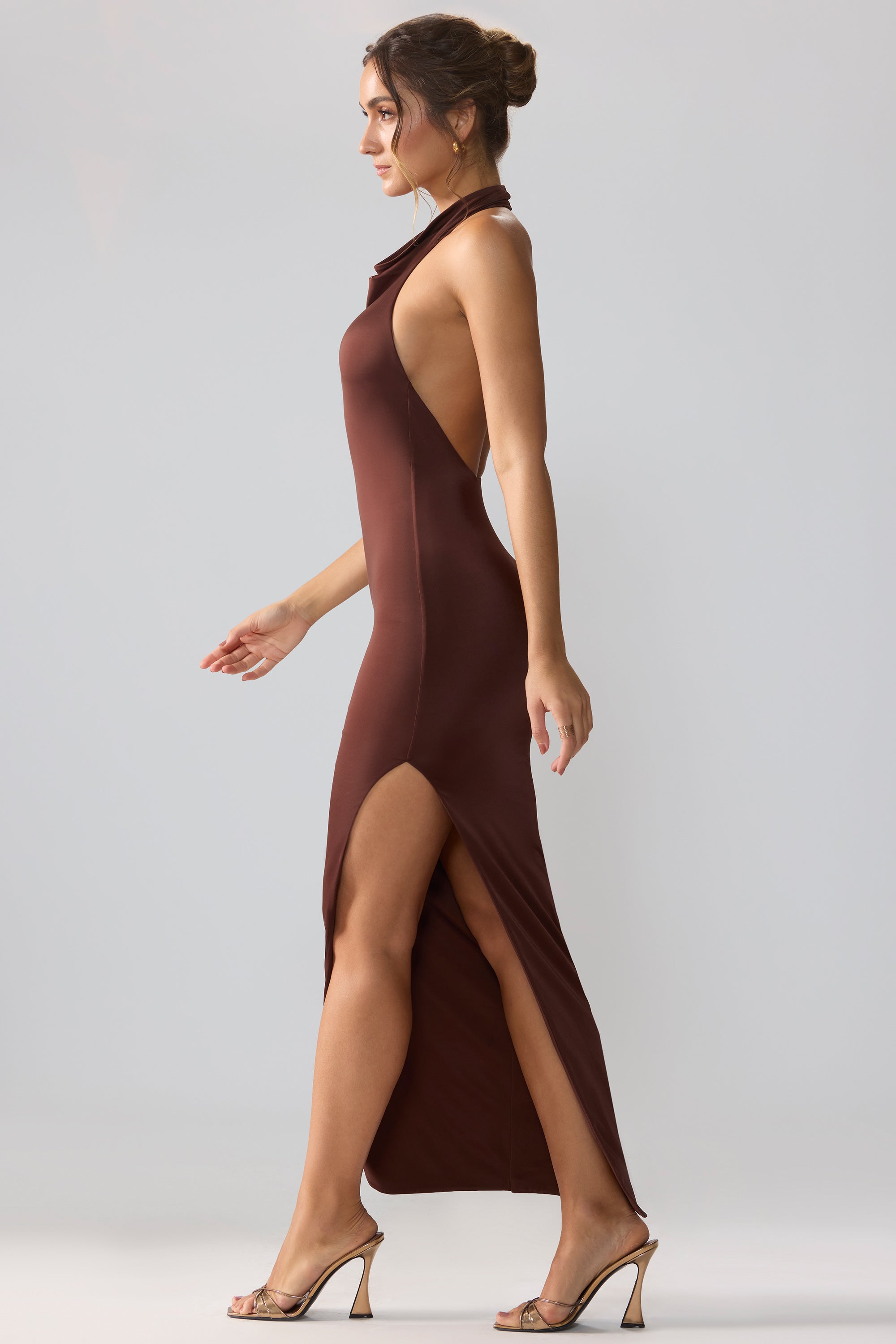 Premium Jersey Cowl Neck Backless Maxi Dress in Espresso、mySite、solidvoid