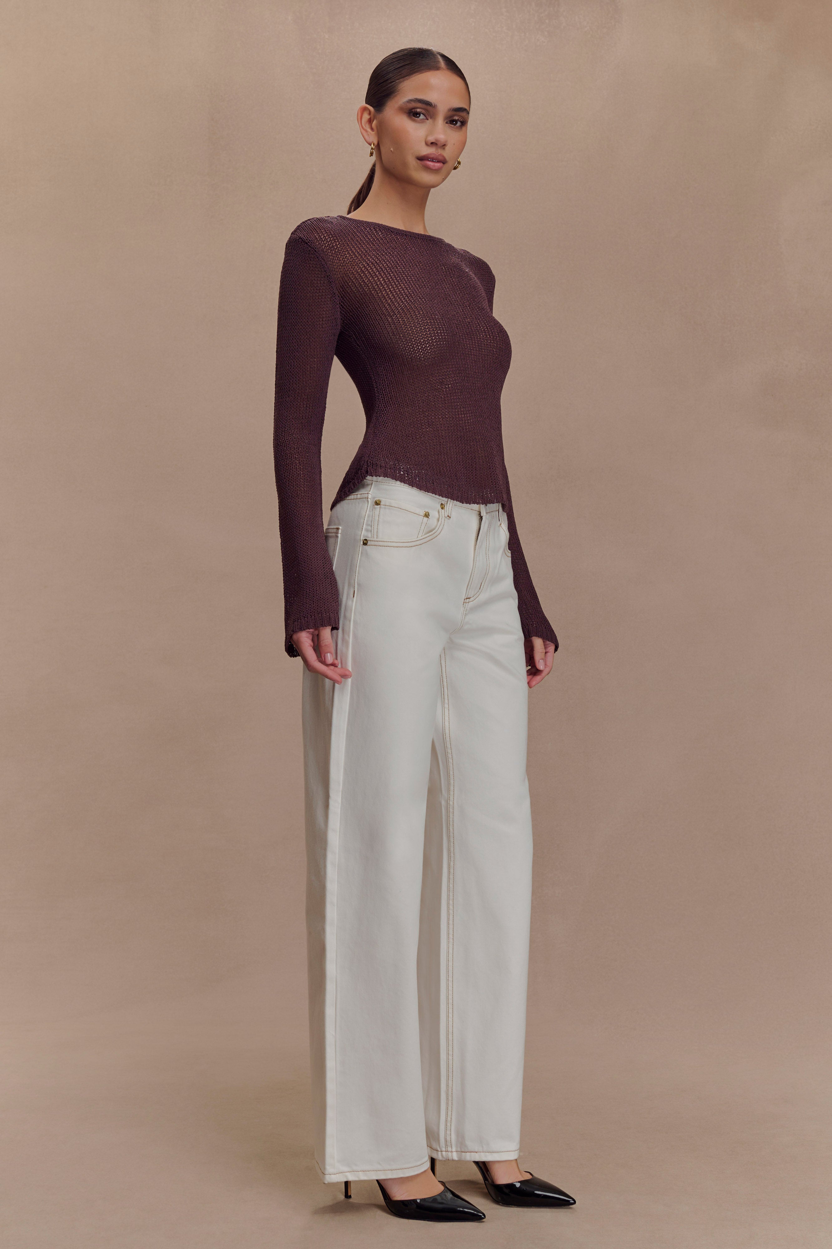 Isabella Long Sleeve Knit Top - Chocolate、mySite、solidvoid