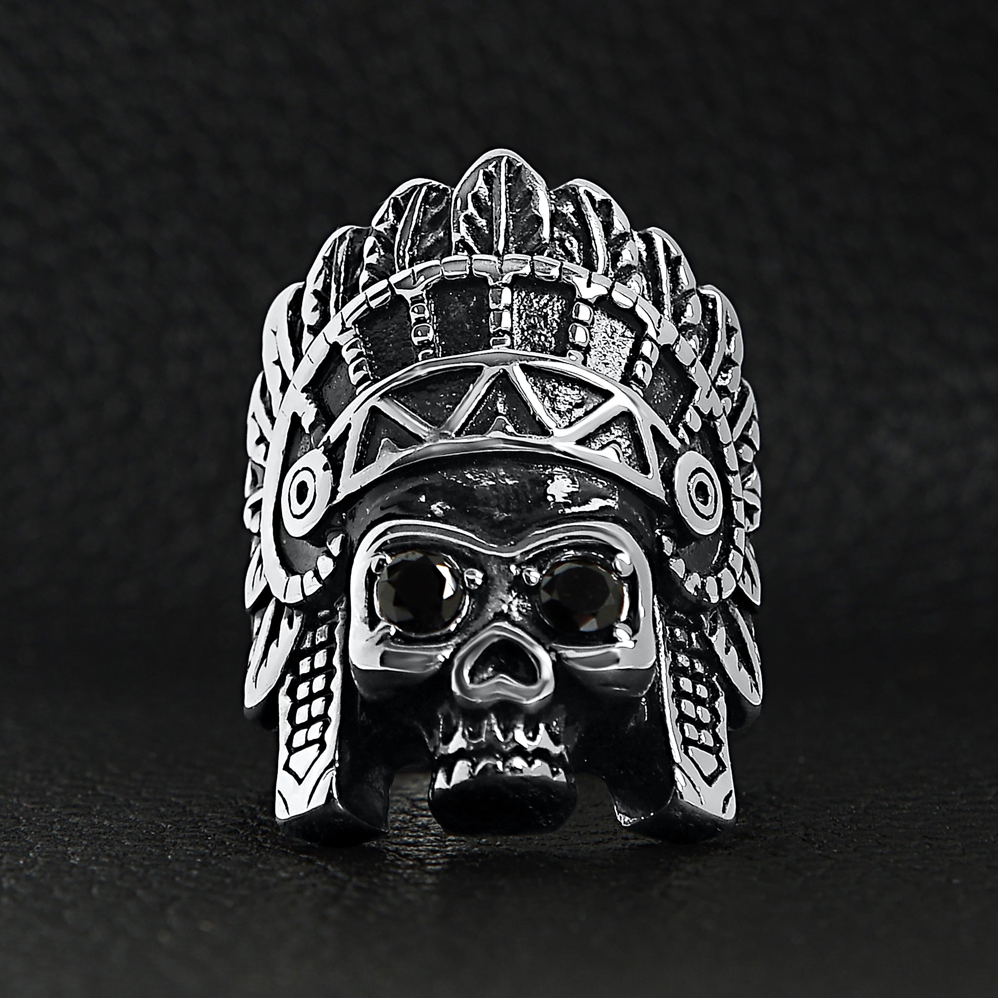 Stainless Steel Black CZ Eyed Native American Chief Skull Ring / SCR4011、mySite、dreamappss