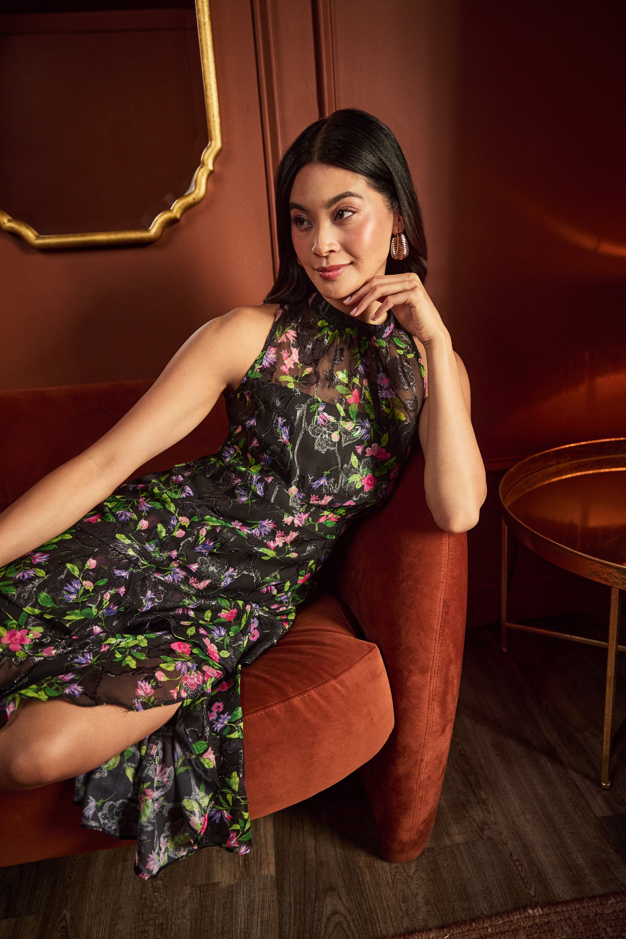 Floral Chiffon Halter Midi Dress With Flounce Hem In Black Multi、mySite、solidvoid