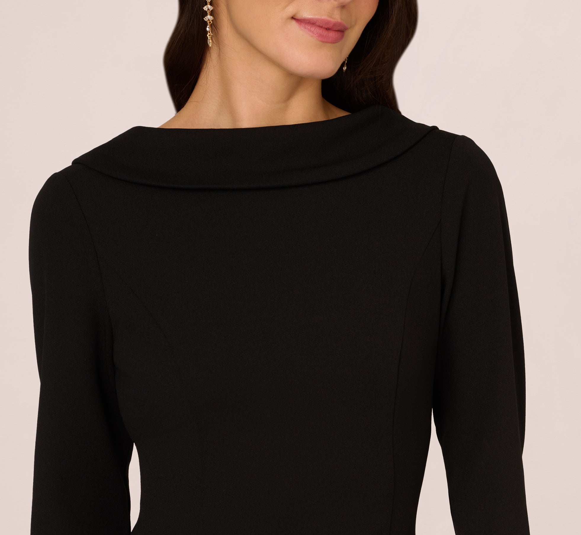 Three Quarter Sleeve Crepe Midi Dress With Rolled Neck In Black、mySite、solidvoid