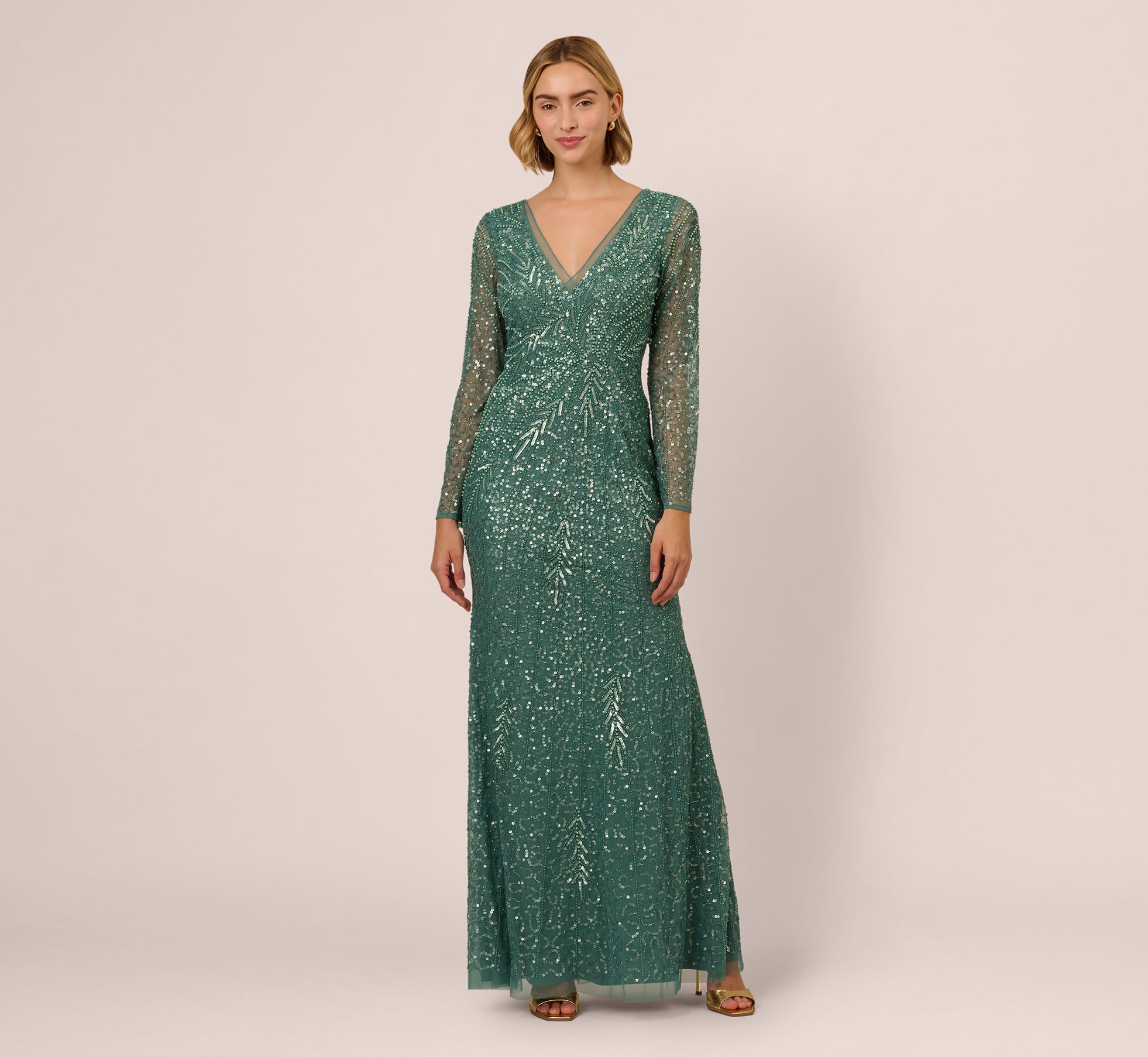 Long Sleeve Beaded Full Length Dress In Green Slate、mySite、solidvoid