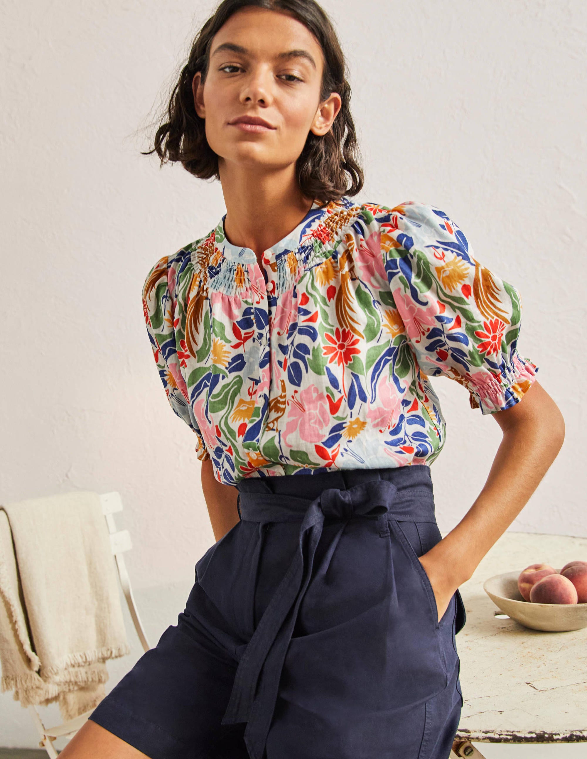  Smocked Short Sleeve Blouse-Ivory, Oriental Bird、mySite、ashleygrahame