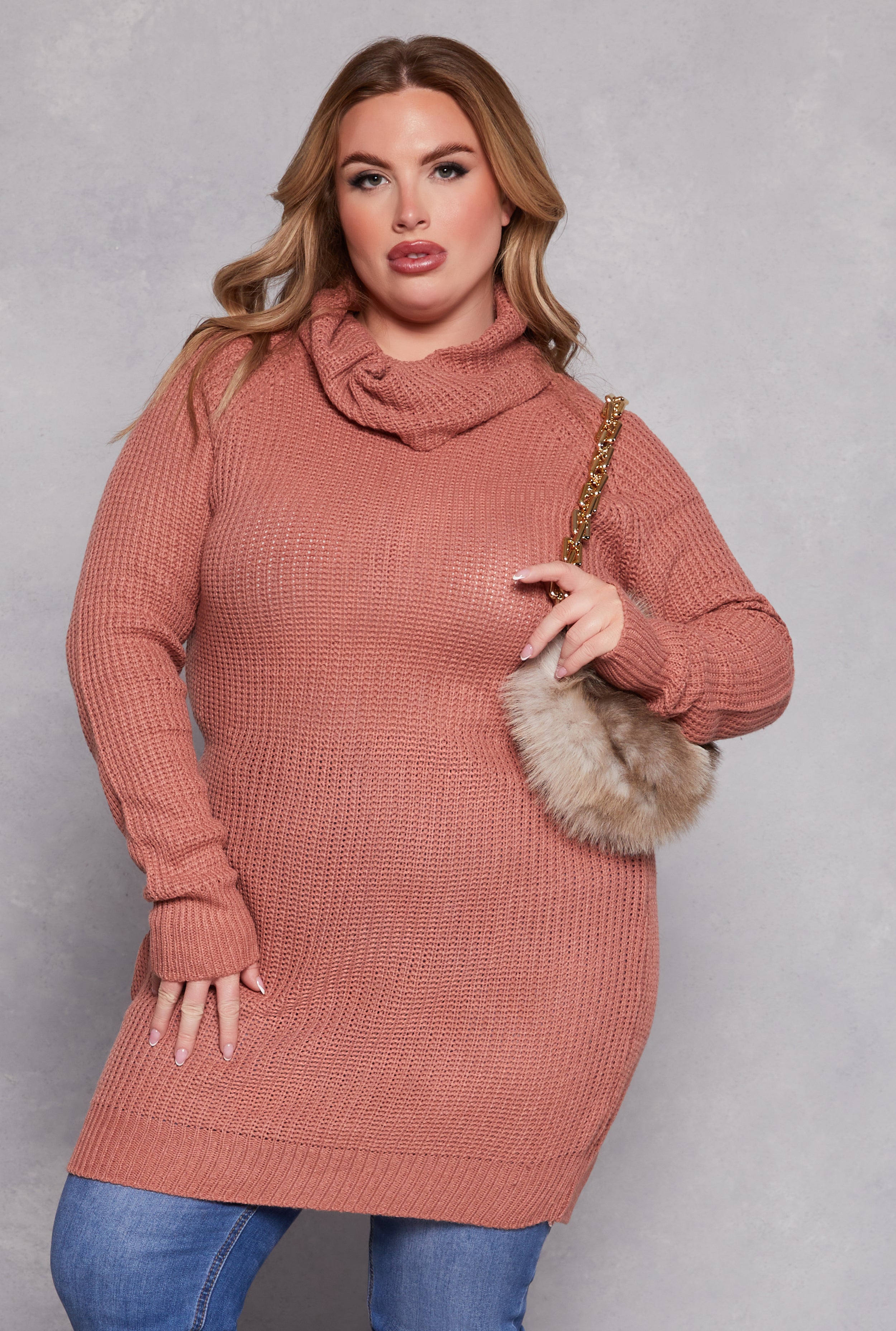 Plus Size Turtle Neck Tunic Sweater、mySite、camillekostekn