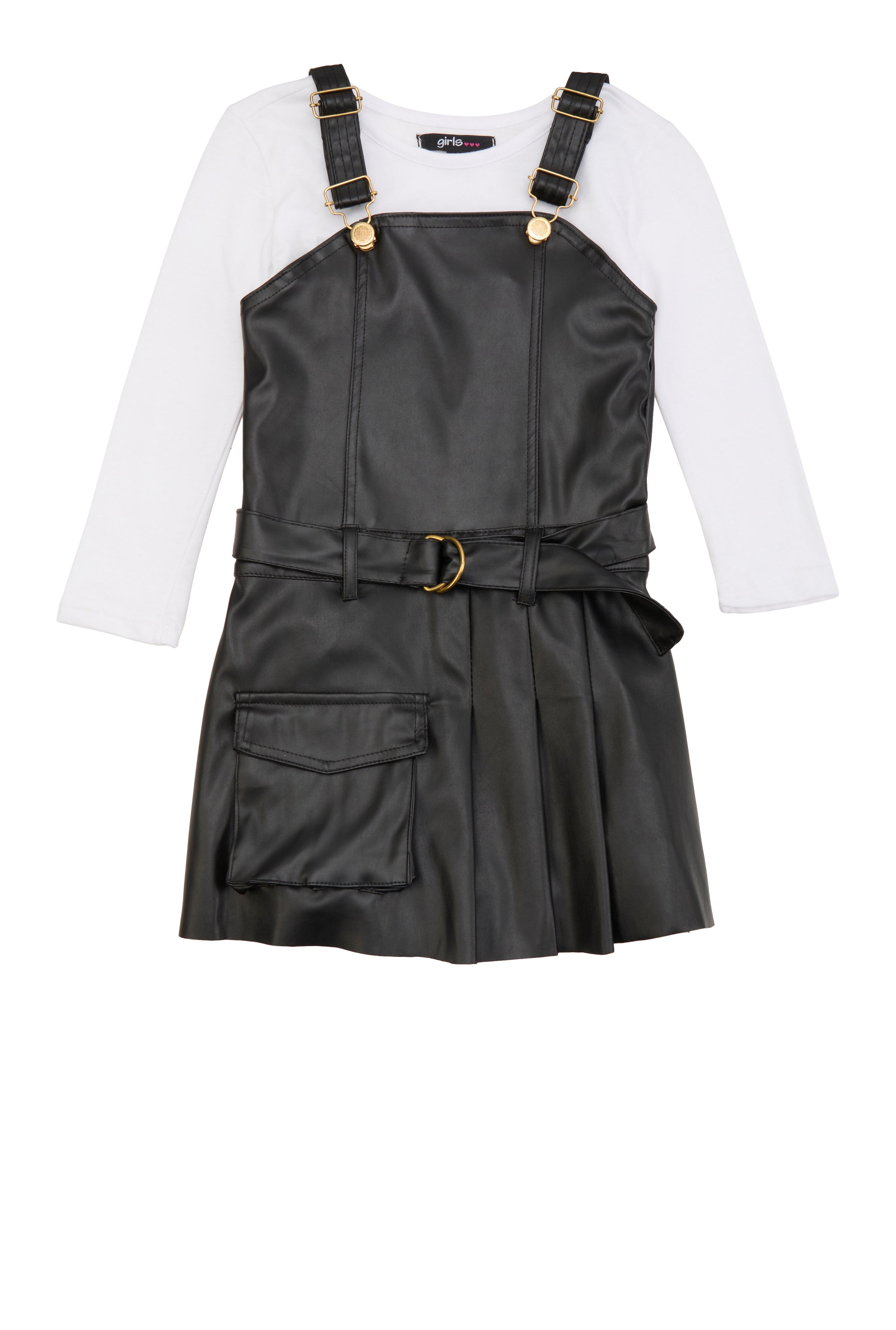 Little Girls Faux Leather Overall Dress with Tee、mySite、camillekostekn
