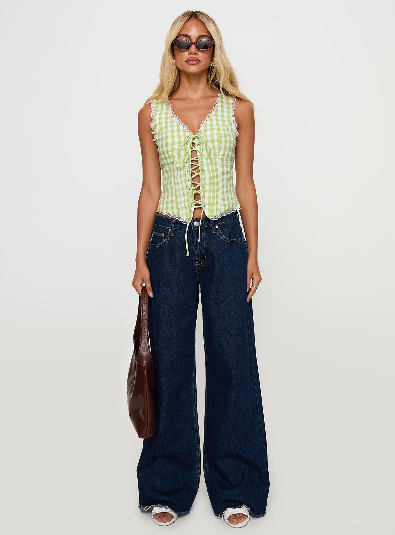 Wayland Tie Up Lace Trim Top Green Check、mySite、solidvoid