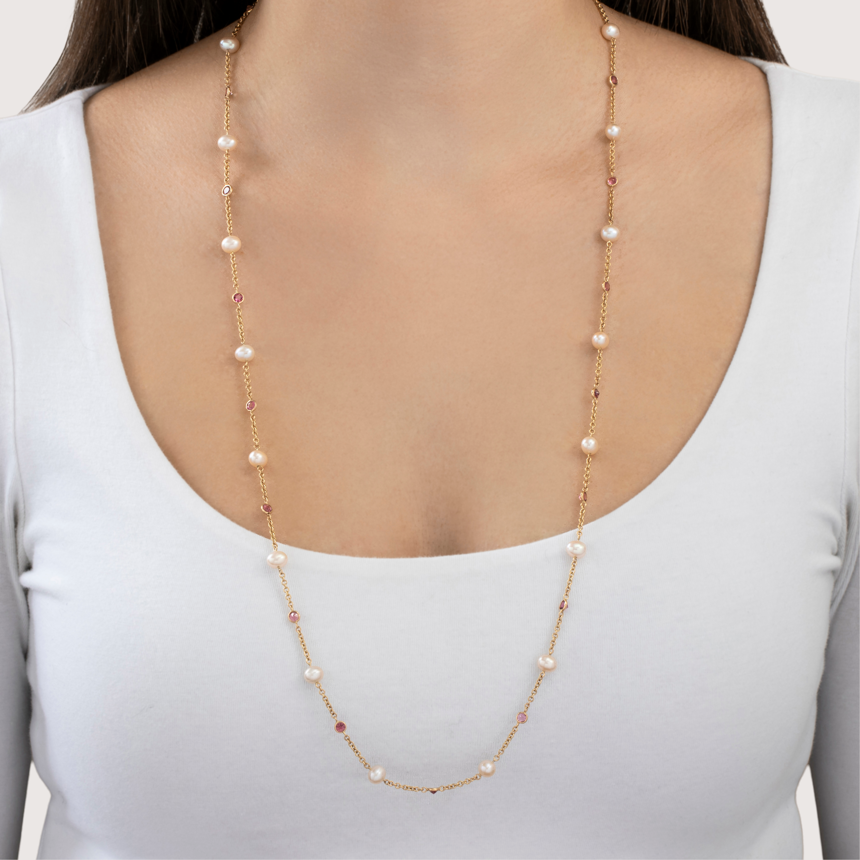 Vintage Italian 14k Yellow Gold Pearl 3cttw Pink Garnet Station Necklace 31、mySite、hinf8tx79