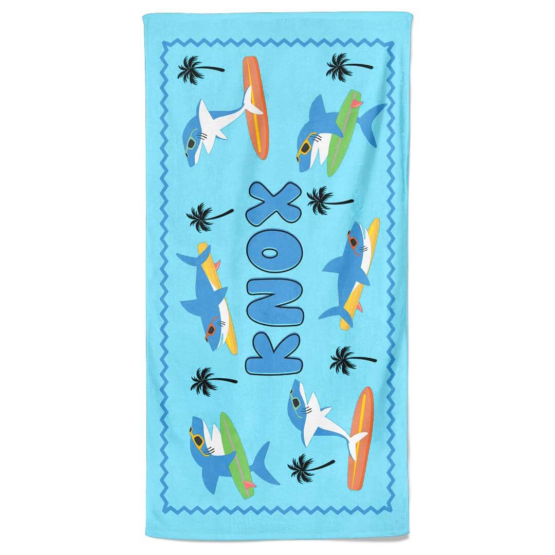  Surfin' Sharks Personalized Kids Beach Towel、mySite、layawaytickets