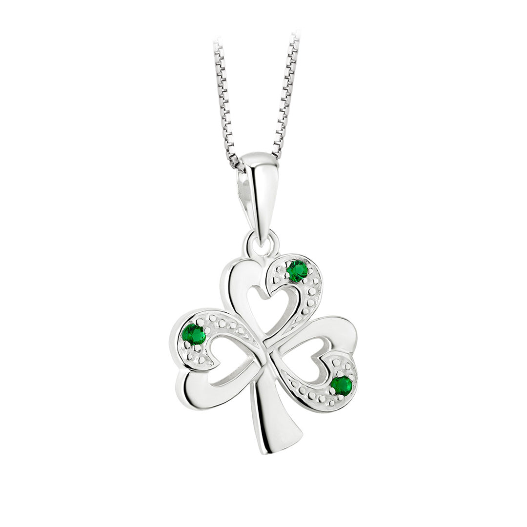  Silver Synthetic Emerald Shamrock Necklace