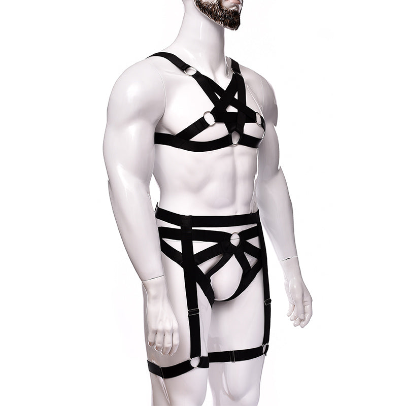 Spandax Pentagram Chest And Garter Harness Set | Adjustable | Bulge Pouch | Black、mySite、bottomscart