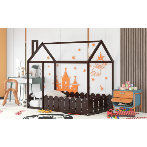 {Slats are not included}Twin Size Wood Bed House Bed Frame with Fence,for Kids,Teens, Girls,Boys {White}{OLD SKU:WF194274AAK}、、casual